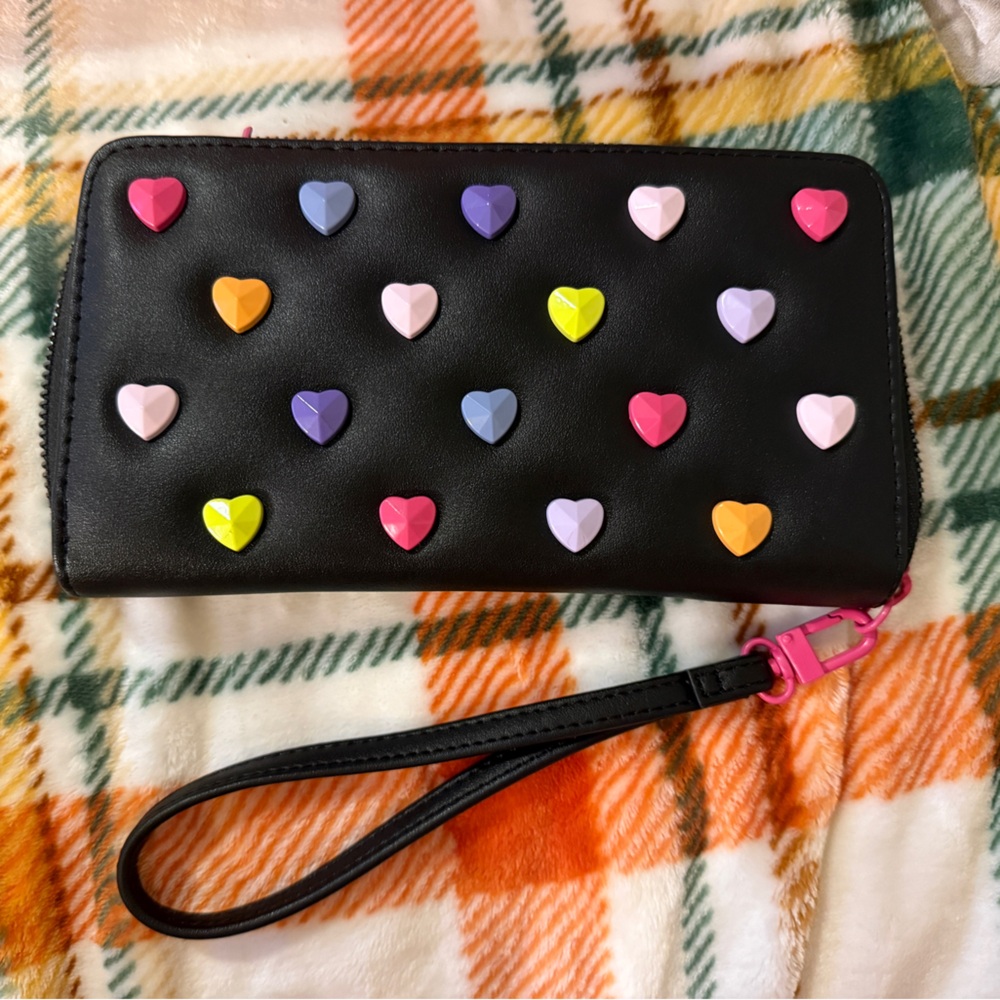 Betsey Johnson Black Wallet Clutch with Colorful 3D Heart Accents